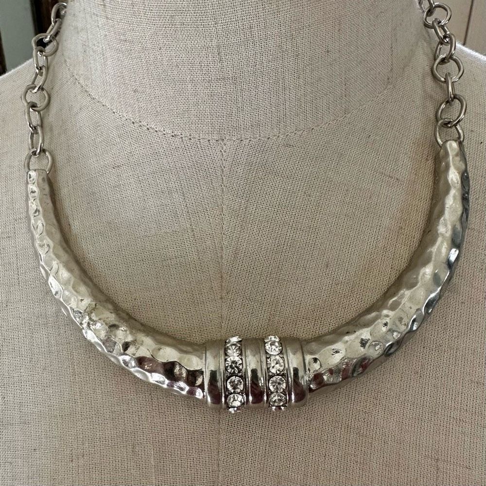 Silver tone  hammered bib  rhinestone necklace